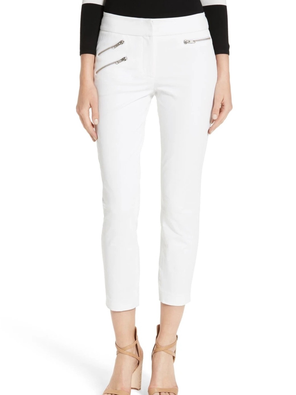 Veronica Beard White Cropped Zip-Pocket Ankle Pants
